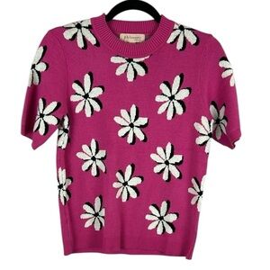 Philosophy Floral Short Sleeve Crew Neck Knit Sweater Medium Pink White